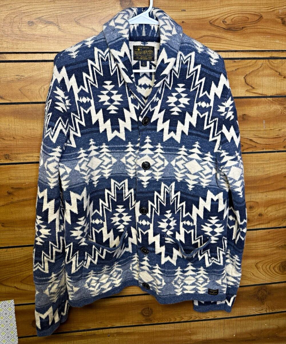 Lucky Brand Men's Blue/Cream Aztec Western Knit Shawl Collar Cardigan Sweater L